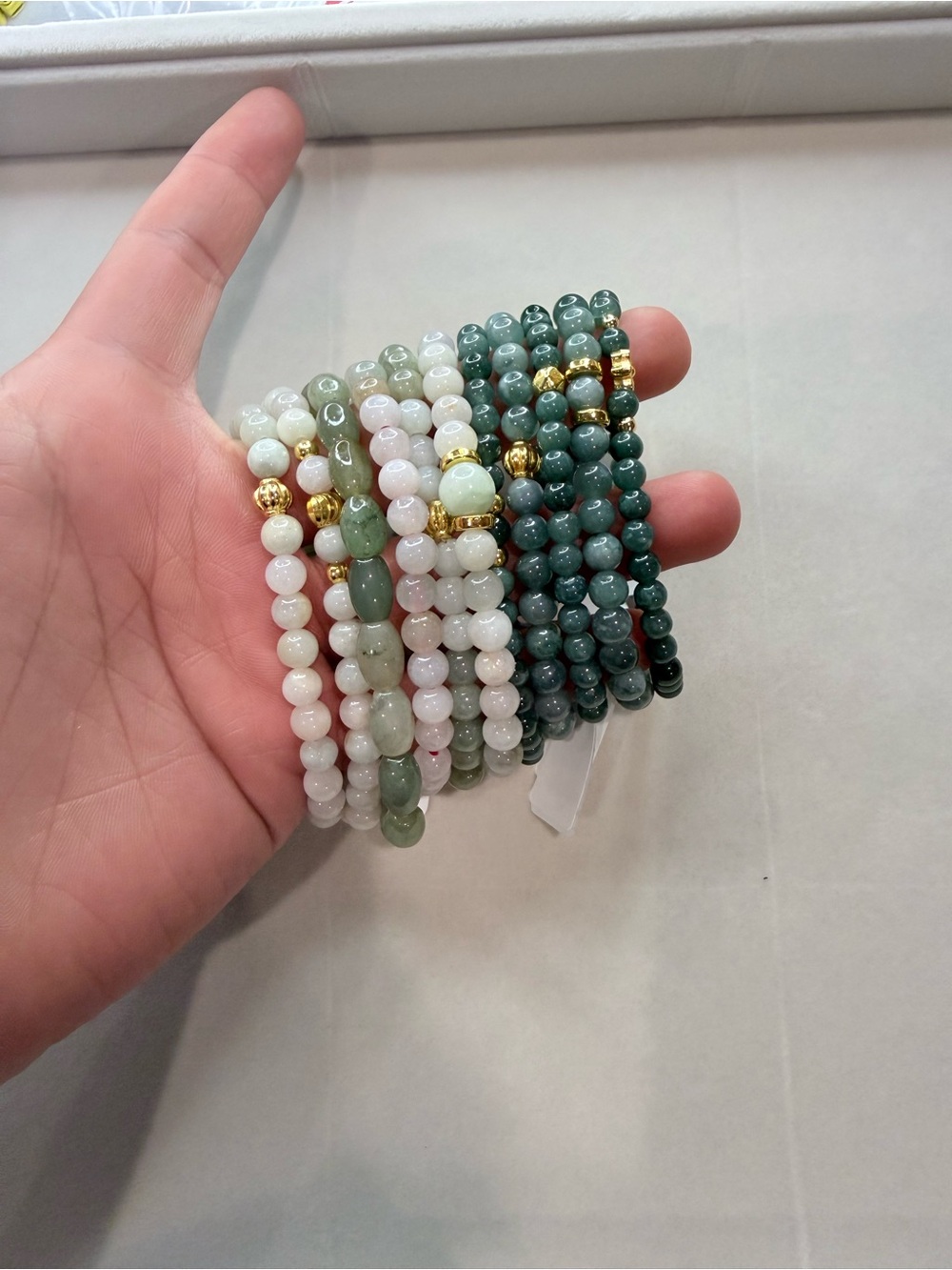 Stackable Green and White Beaded Bracelet Set with Gold Accents